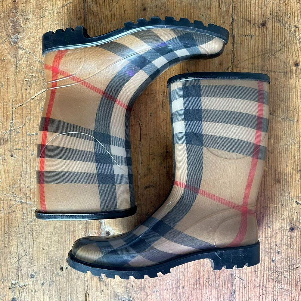 Burberry Rubber Rain Boots Tan Check Plaid Mid Calf Size EU 41 Women's US 10 - Picture 2 of 9